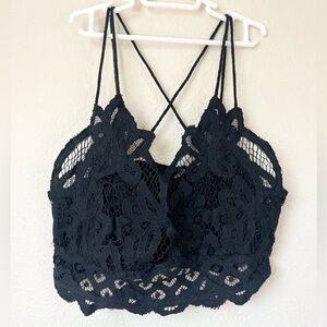 FP One Black Lace Bralette Crochet Floral Halter Crisscross Back Boho Y2K Crop